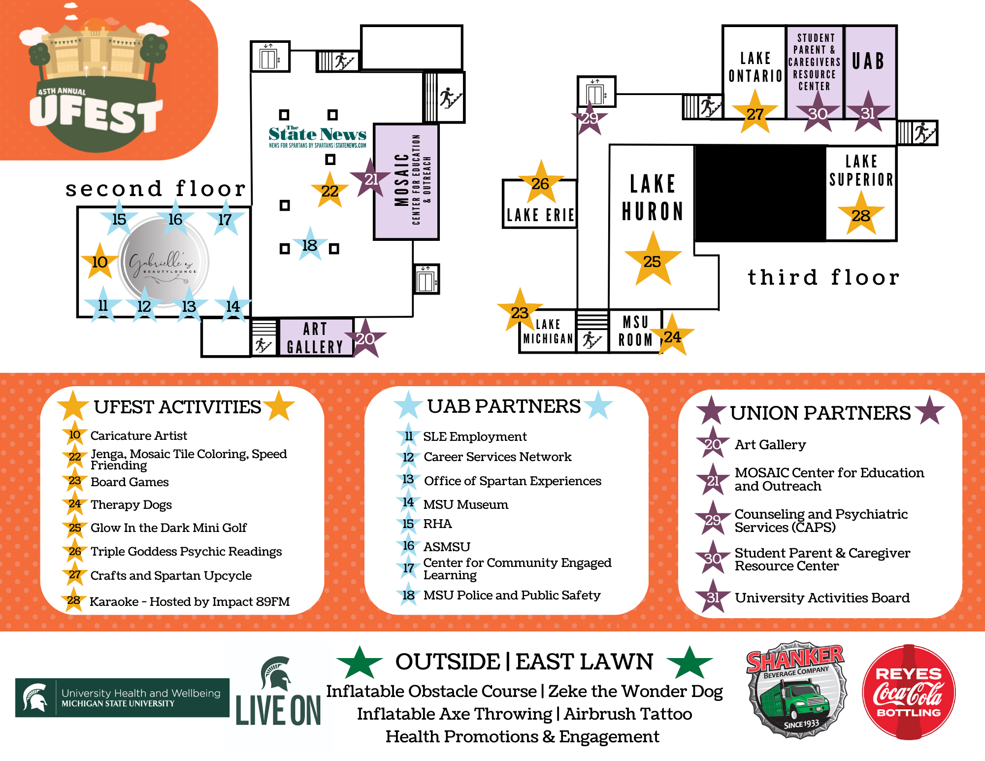 Map of MSU Union highlighting activities hosted throughout the building.