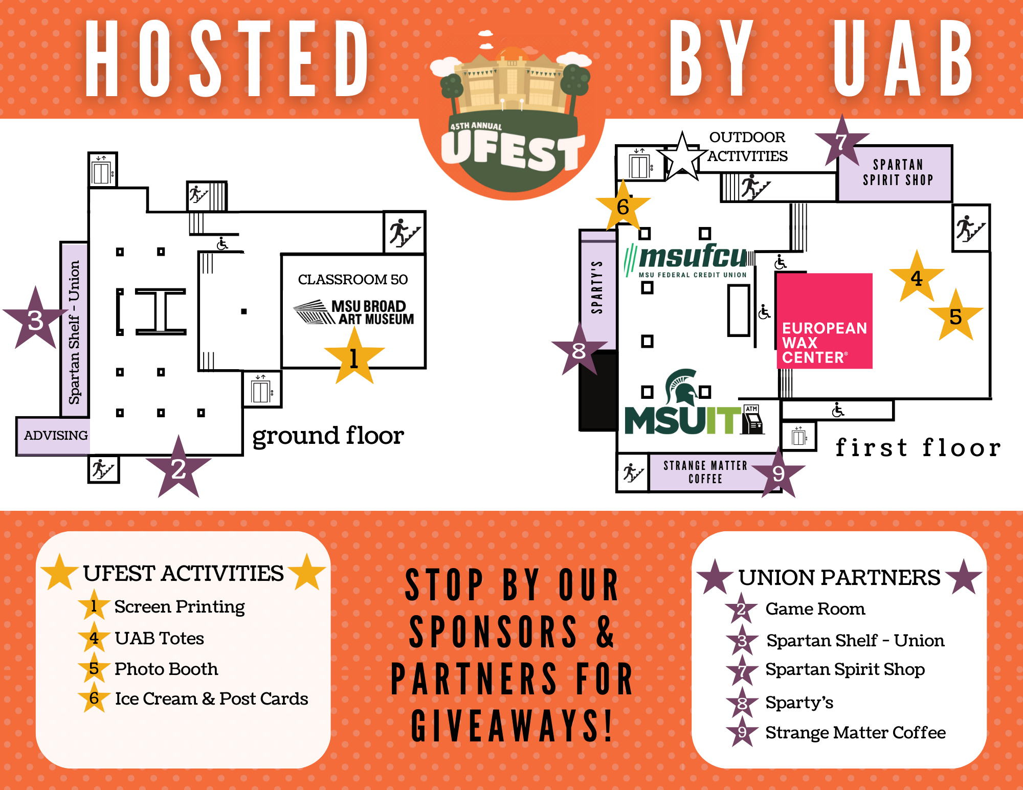 Map of MSU Union highlighting activities hosted throughout the building.
