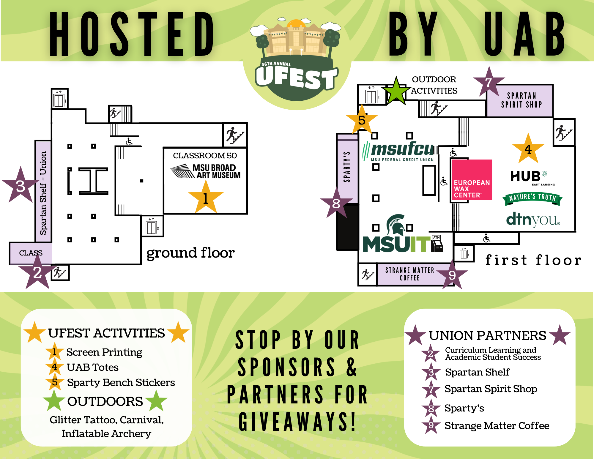 Ground and first floor activity and sponsorship map. See text for descriptions.