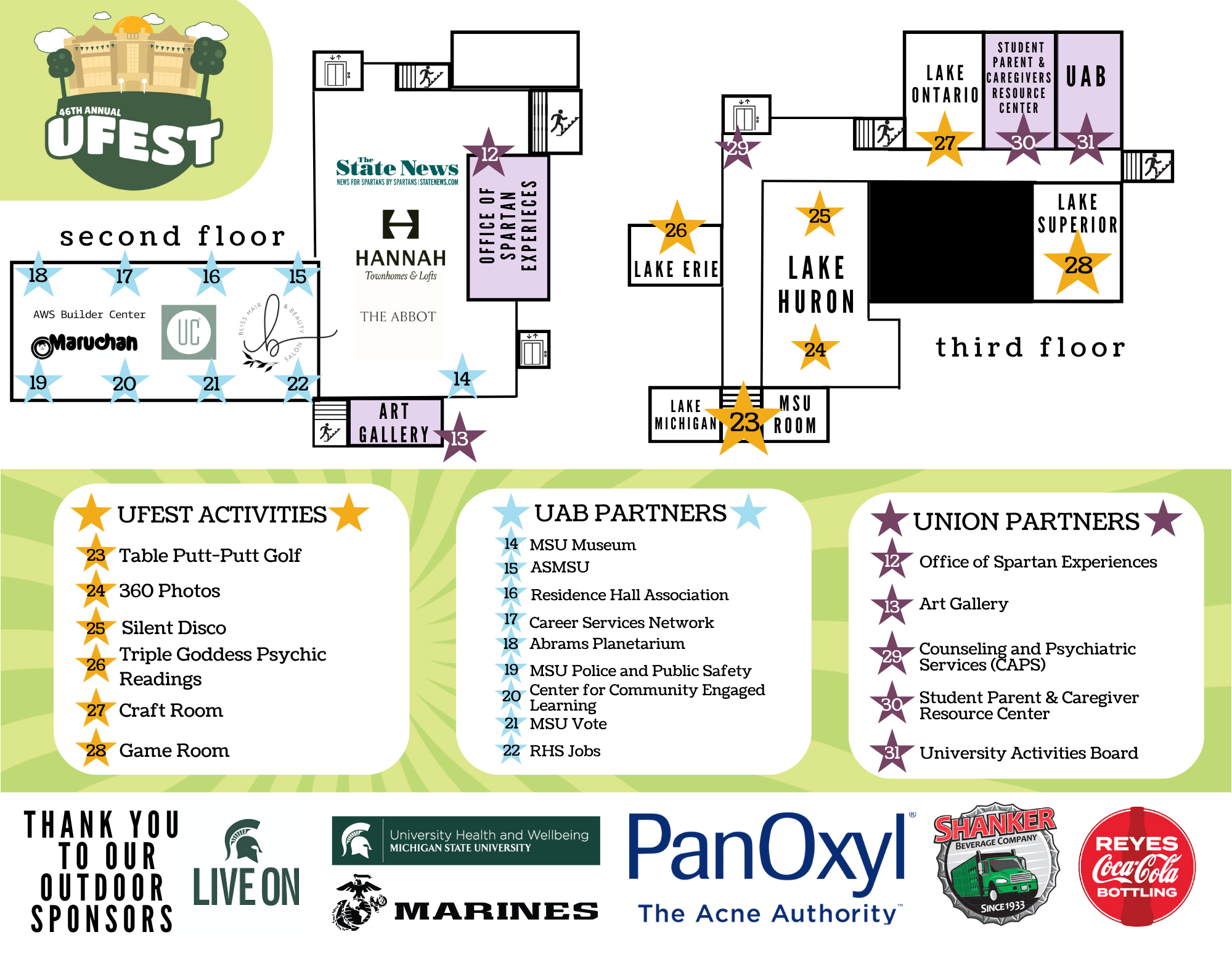 Second and Third floor activity and sponsorship map. See text for descriptions.