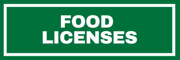 Clickable green button with white border that reads Food Licenses
