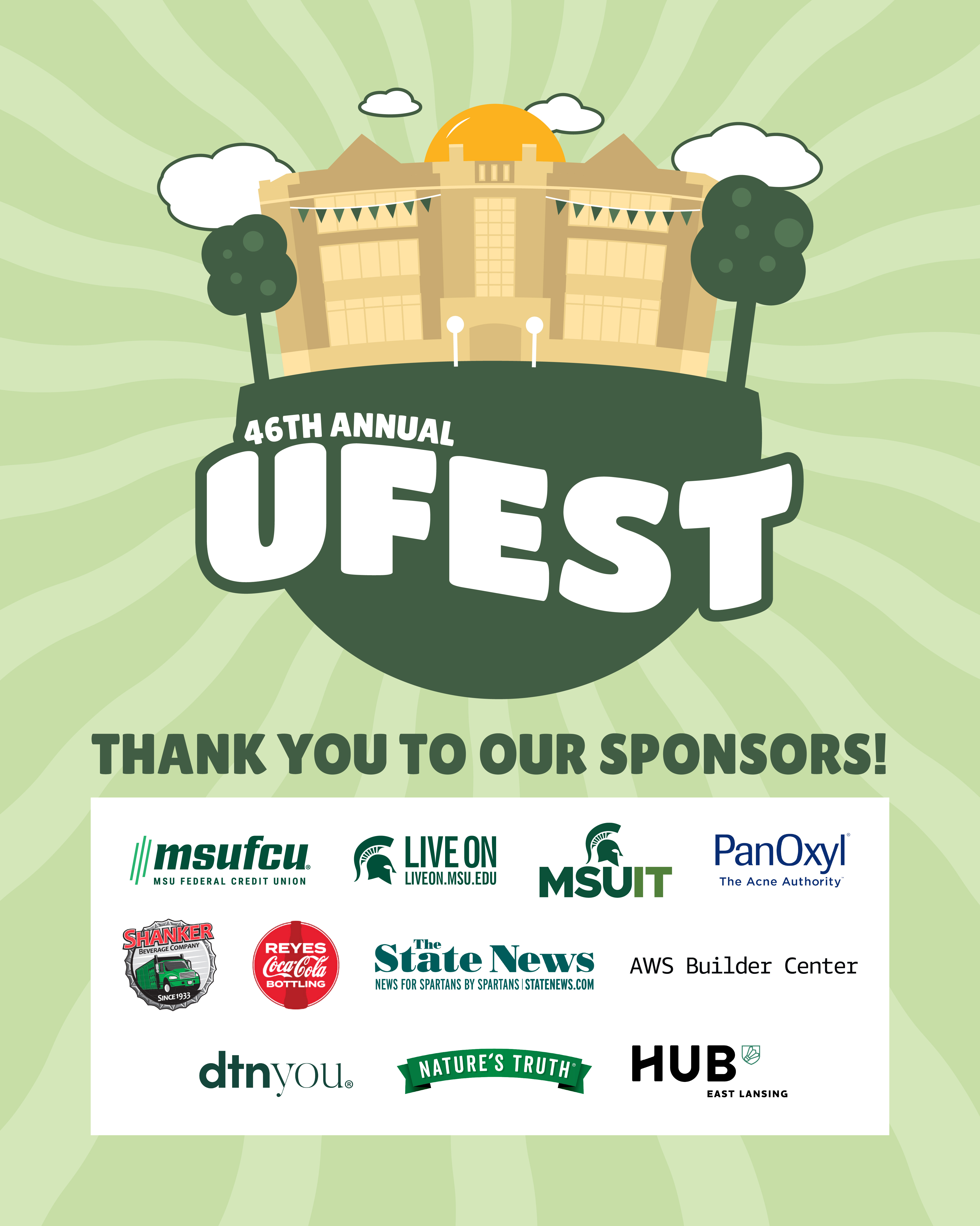Thank you to our sponsors MSUFCU, Live On, MSUIT, PanOxyl , Shanker, Reyes Coca-Cola Bottling, The State News, AWS Builder Center, DTN, Nature's Truth, and Hub.