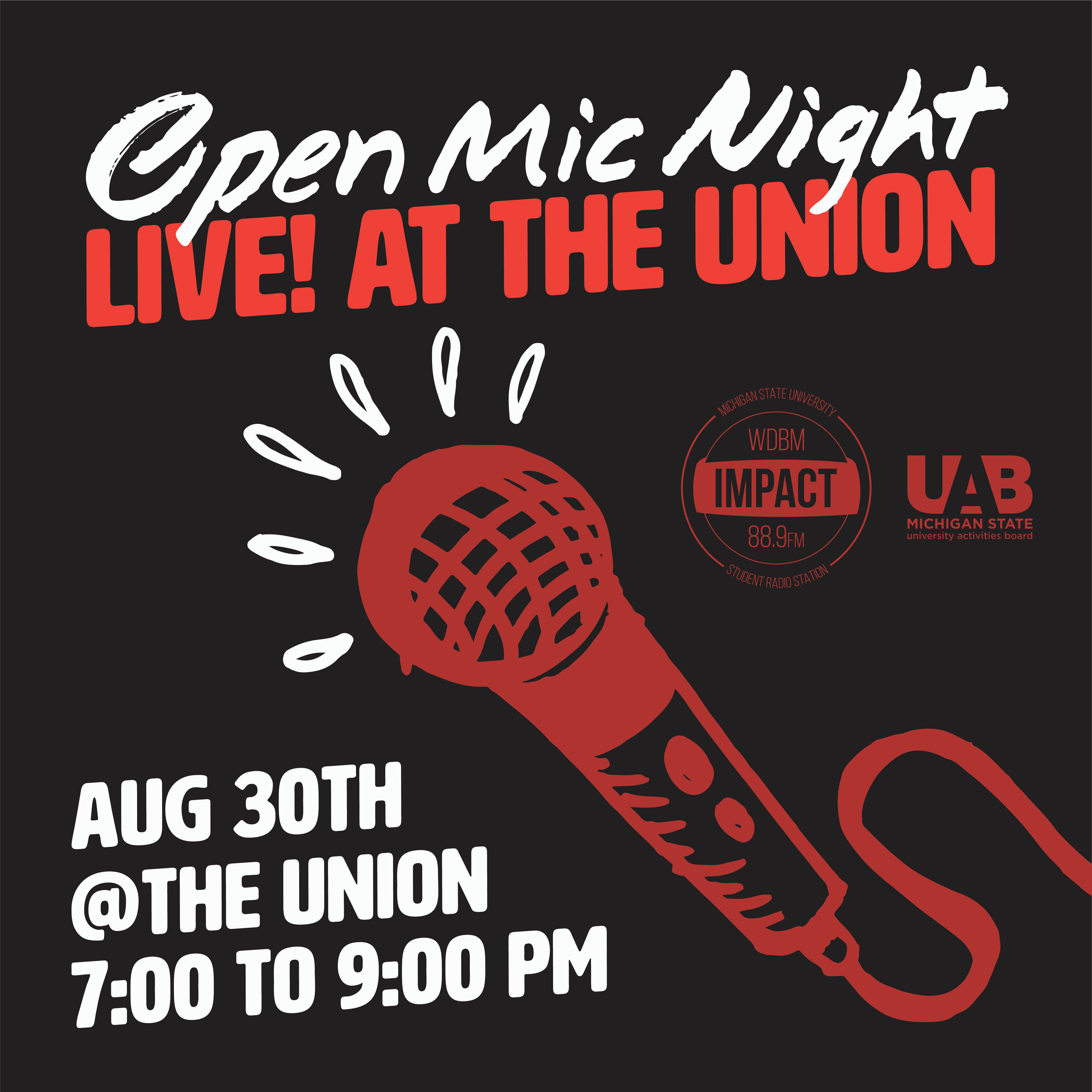 Open Mic Night poster in black and red with image of microphone.