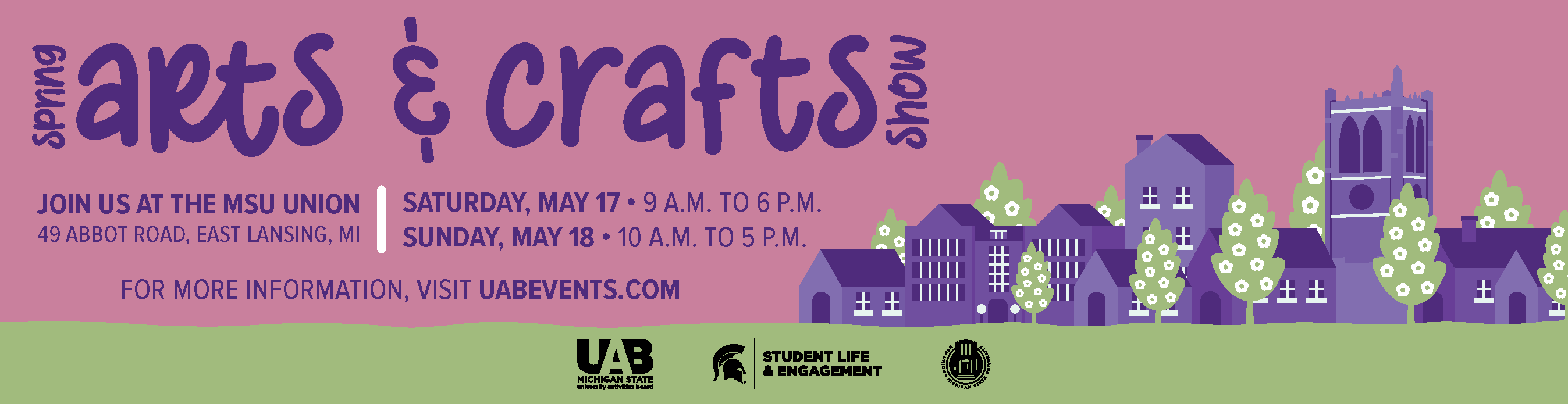 Spring Arts and Crafts Show graphic with campus buildings and flowered trees. 