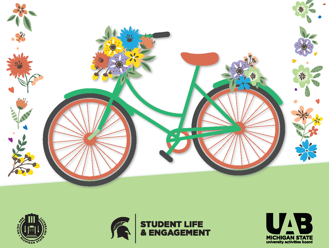 Spring Arts & Crafts Show graphic with flowers and bike.  UAB, MSU Union, and Student Life and Engagement logos.
